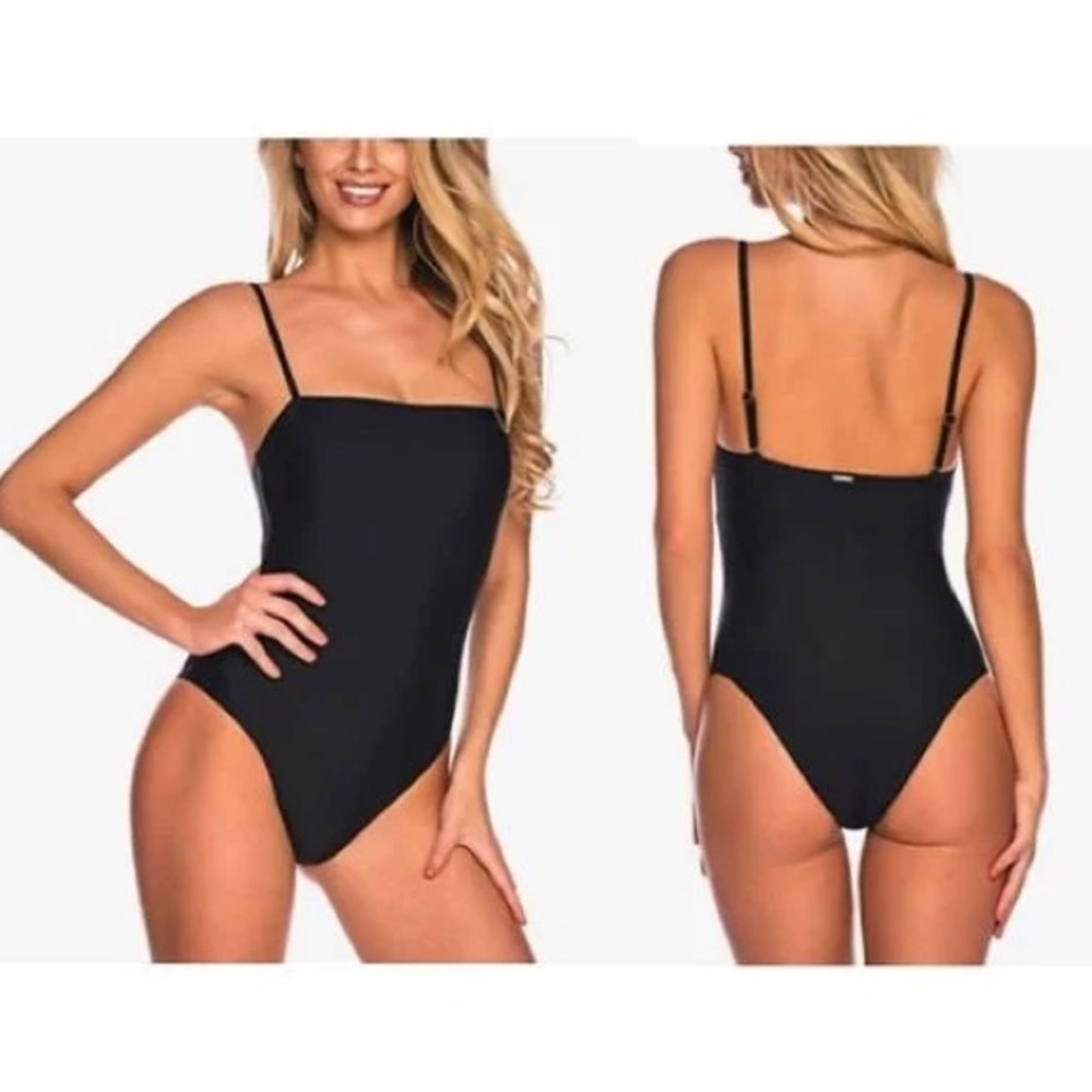 RELLECIGA : Black Bandeau One Piece Swimsuit NWT High Cut Cheeky Chic Resort